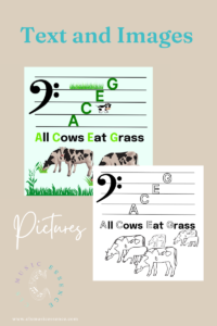 picture of cows eating grass to help students memorize the bass clef music staff and notes