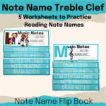 Notes on the Treble Clef worksheets in a flip book style.