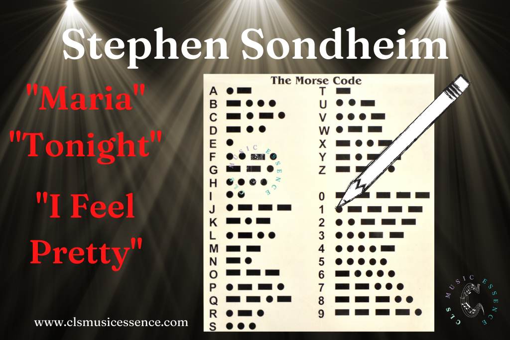 Spot lights on Stephen Sondheim, tittles of songs from West Side Story and a picture of morse code.