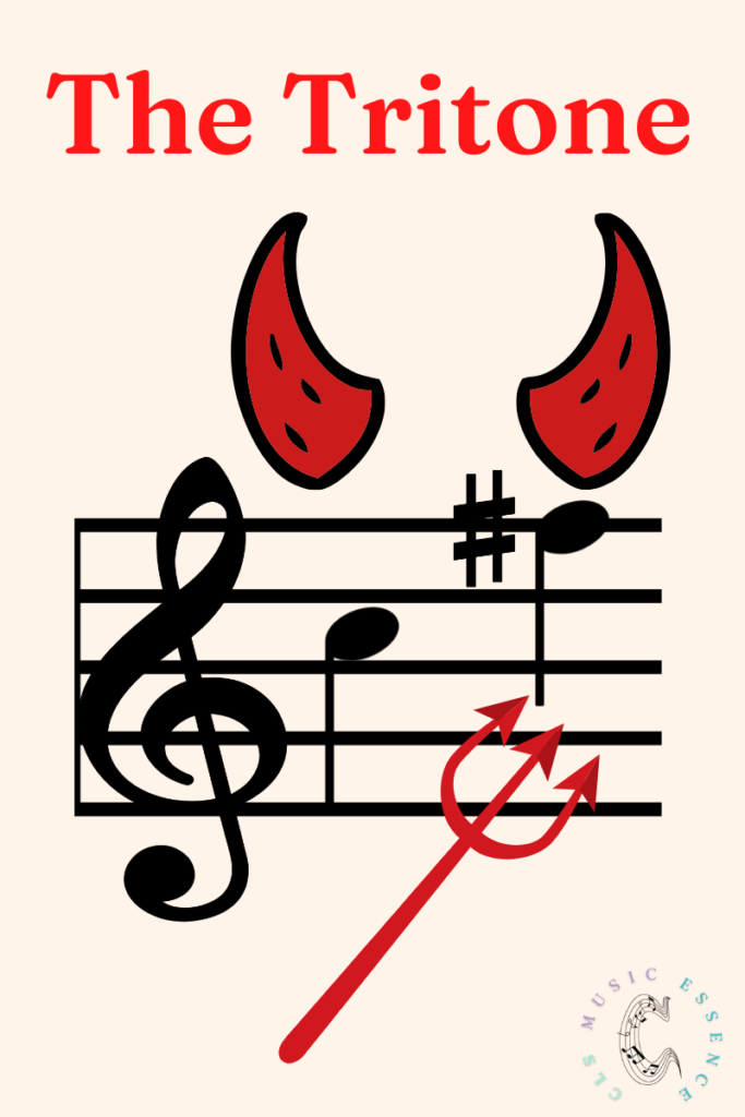 Treble clef staff showing a tritone with devil horns and pitchfork.