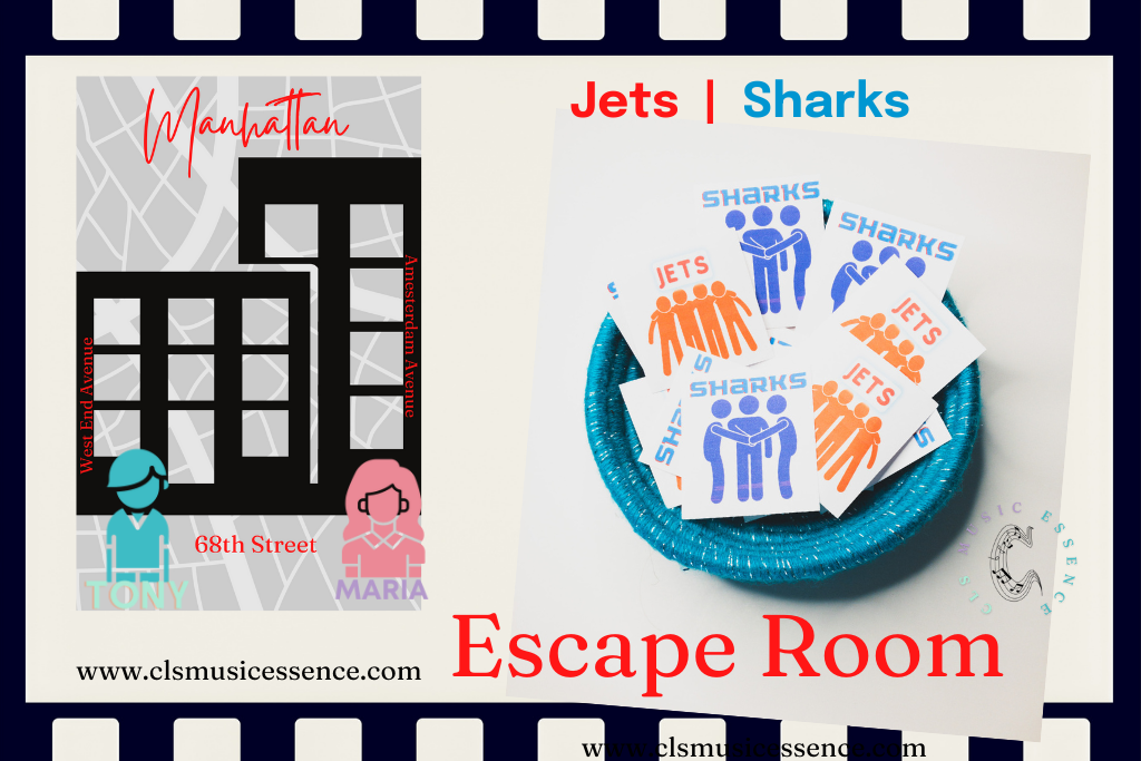 Manhattan apartment building with West Side Story characters Tony, Maria, Jets and Sharks. 