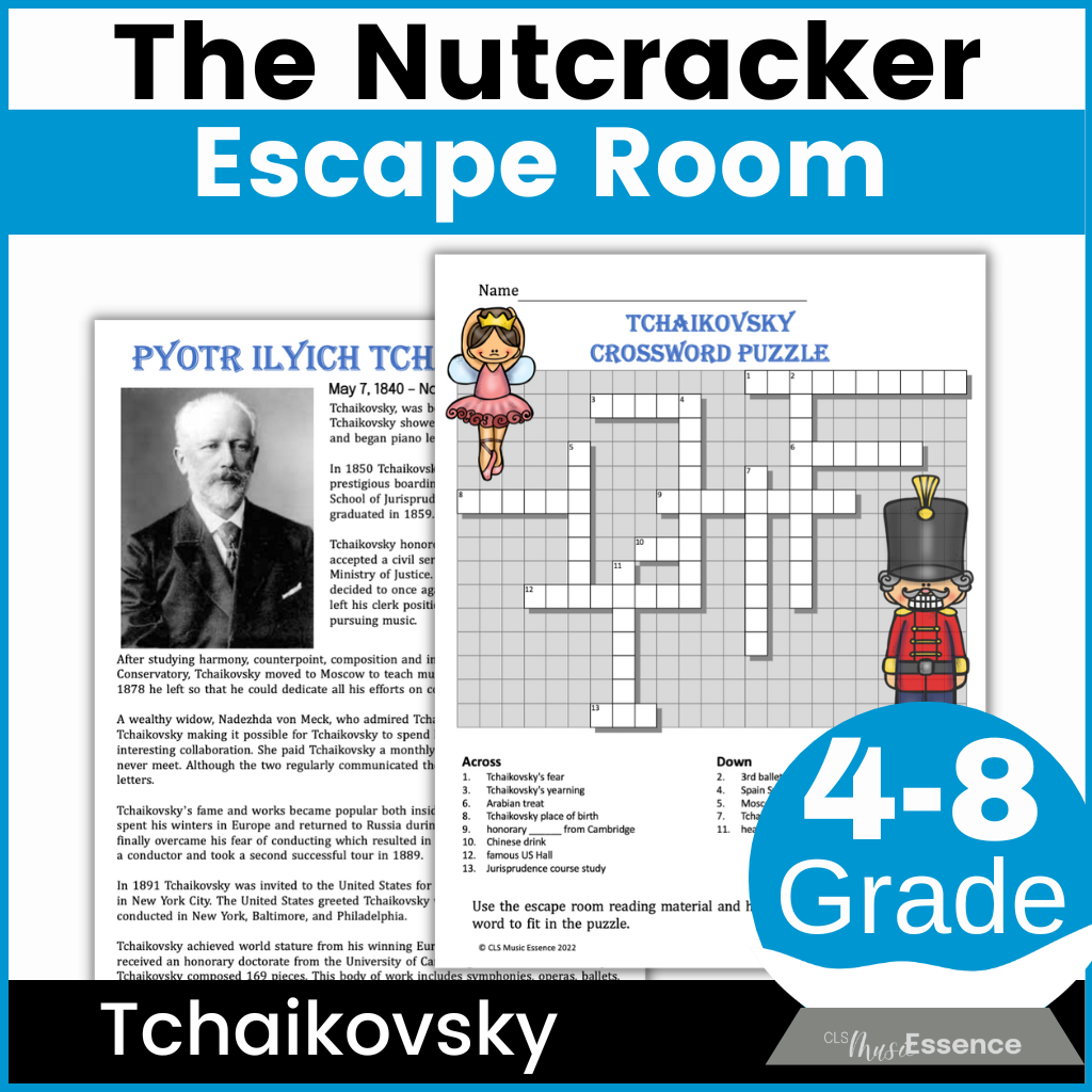A biography and worksheets to complete the nutcracker music escape room.