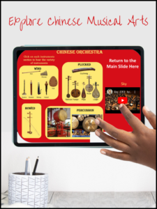 Computer showing a student touching the screen to explore music ancient china sounds.