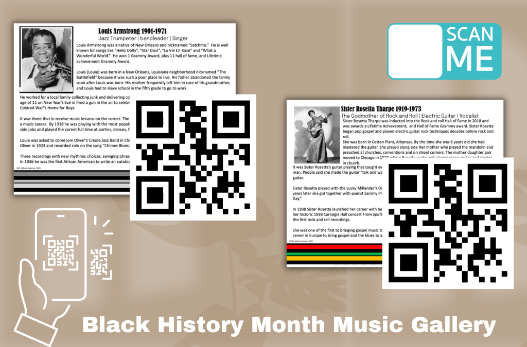 Self discovery journey with pictures for Black History Month on musicians with bios and QR codes to hear their music.