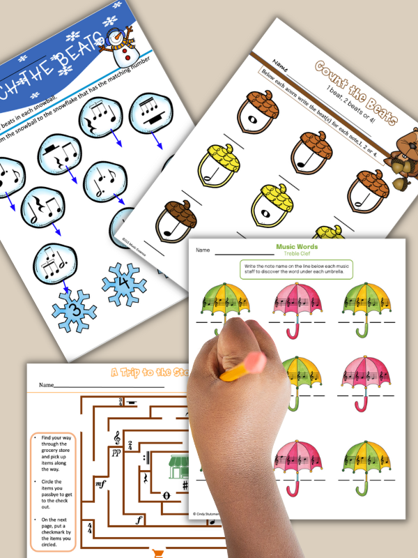 Four different seasonal music center self discovery worksheets.