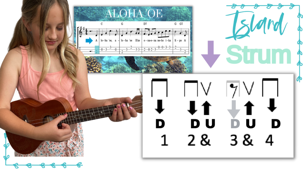 Teach the island strum on ukulele.