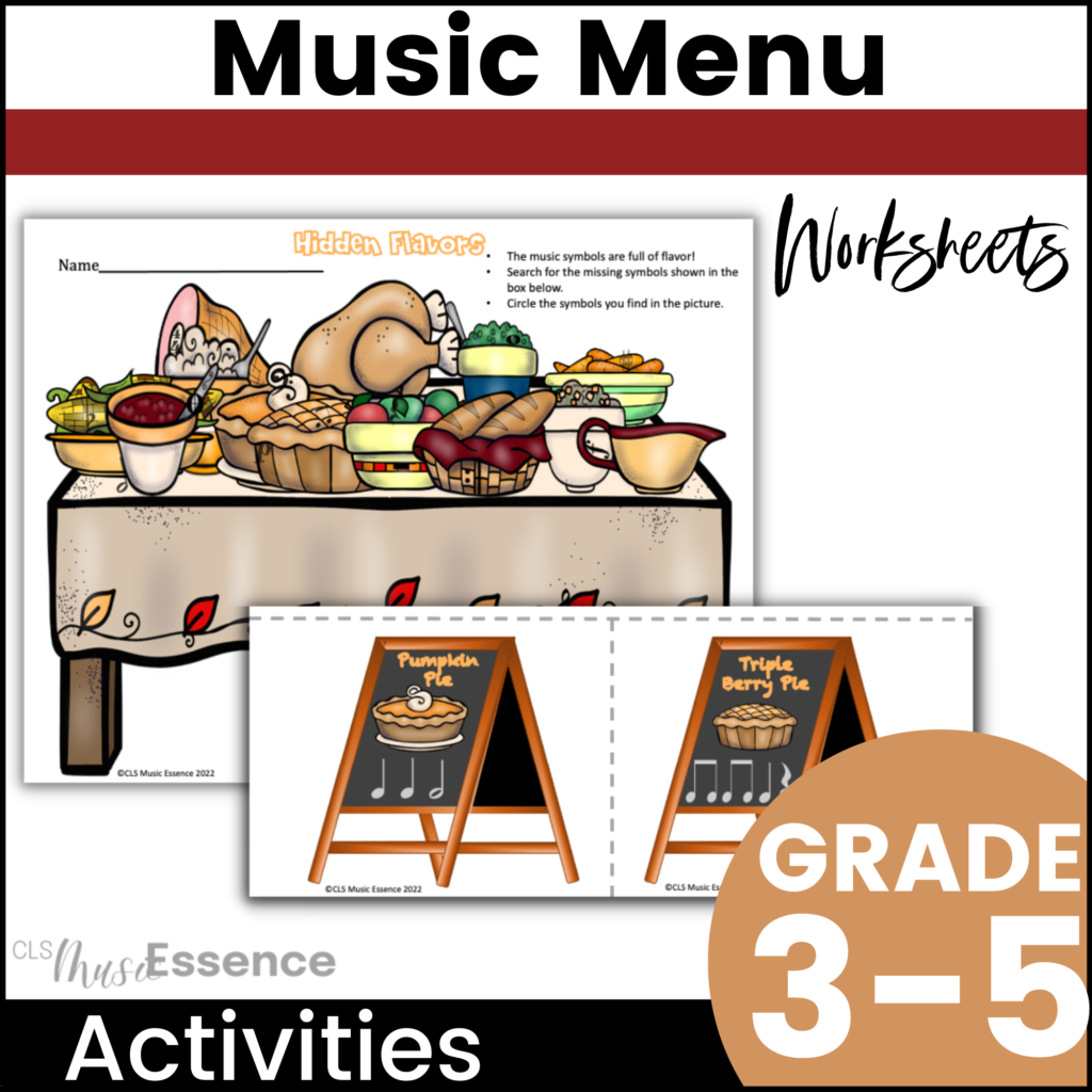 a product to teach music theory with thanksgiving themed worksheets.