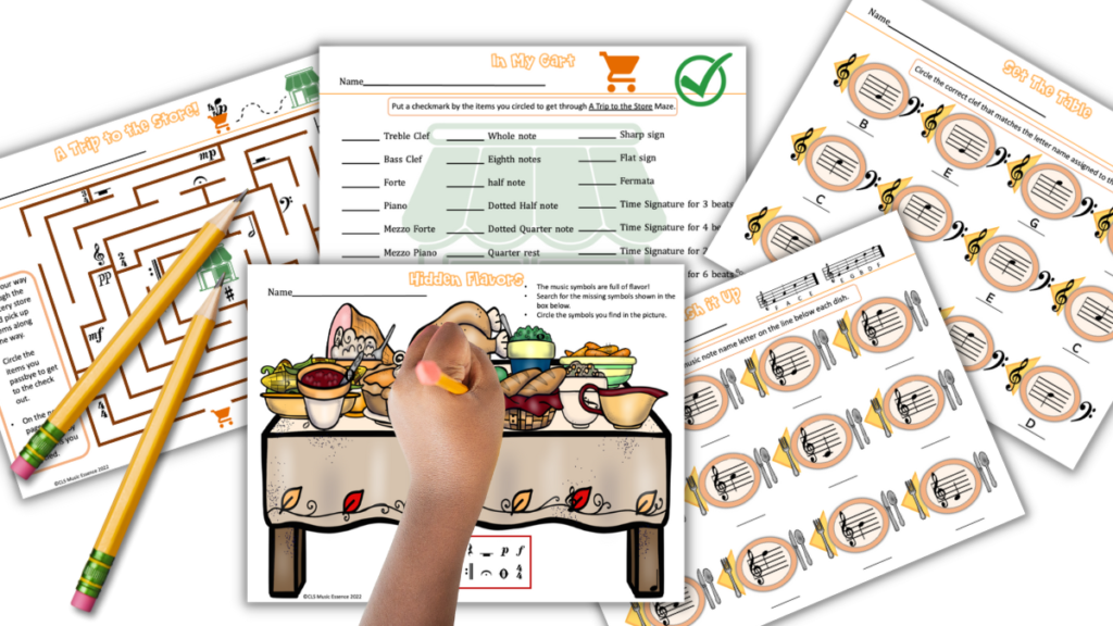 Pictures for thanksgiving music class activities. Worksheets to teach music theory symbols, clef signs and note names.