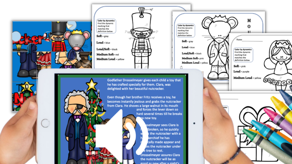 The Nutcracker narrated music book, dynamic coloring pages, and digital puzzle.