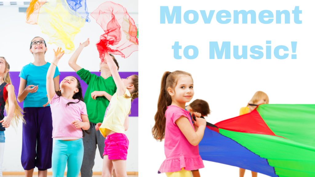 music classroom students moving to music with scarves and a primary colored parachute. 