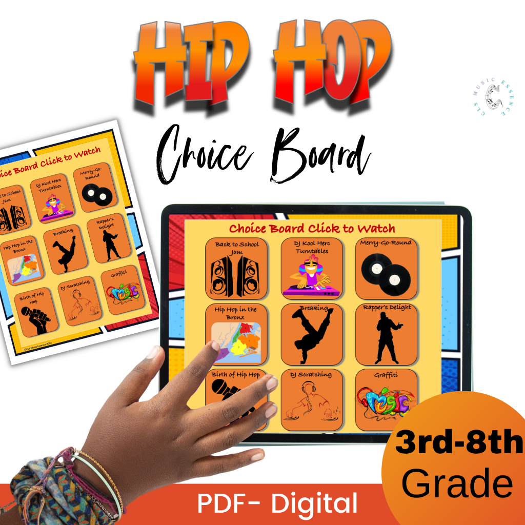 Digital music choice board for Hip Hop activities with 9 pictures to offering students freedom to choose