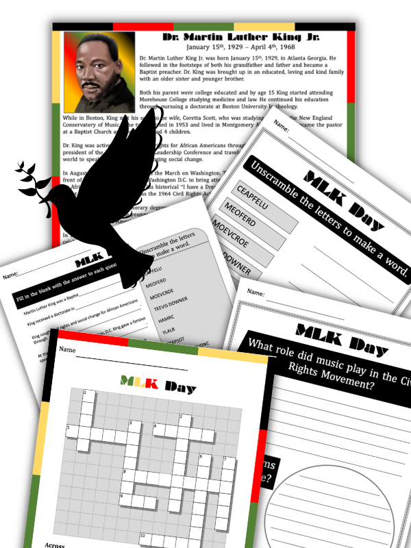 Music worksheet and history for a lesson plan on Martin Luther King Jr. protest music.