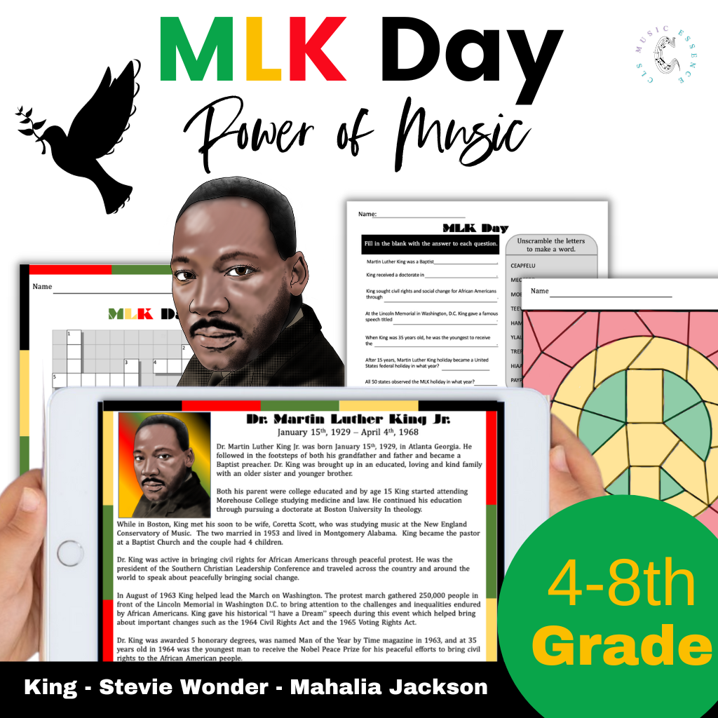 Coloring page, music video and lesson plan for teaching MLK Day music history.