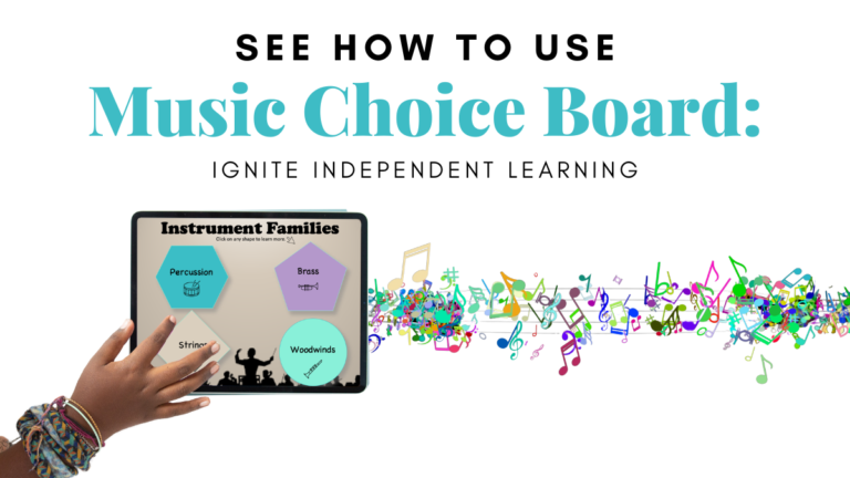 a students using a music choice board with colorful music notation