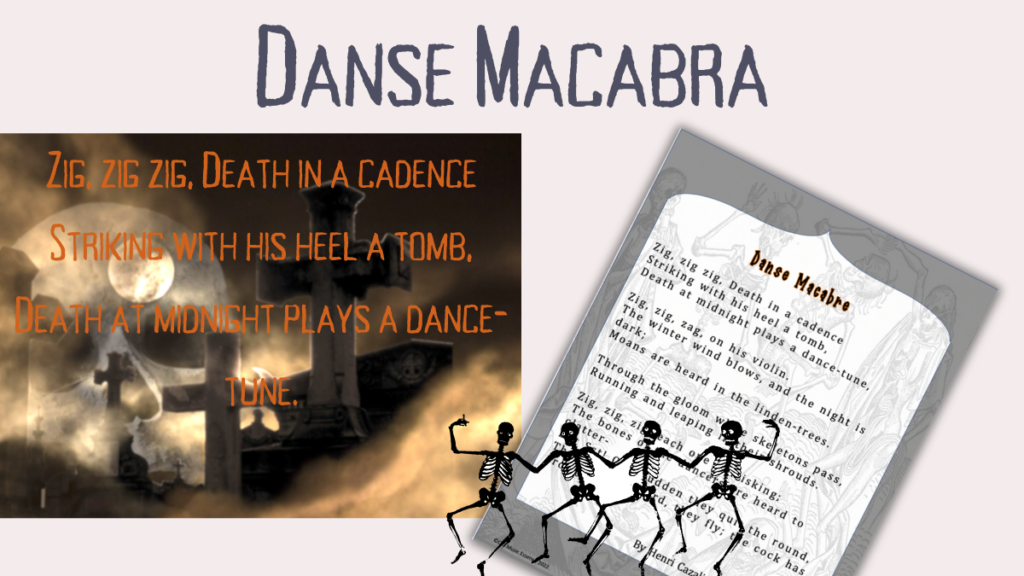 Danse Macabre Poem zig zig zag with dancing skeletons