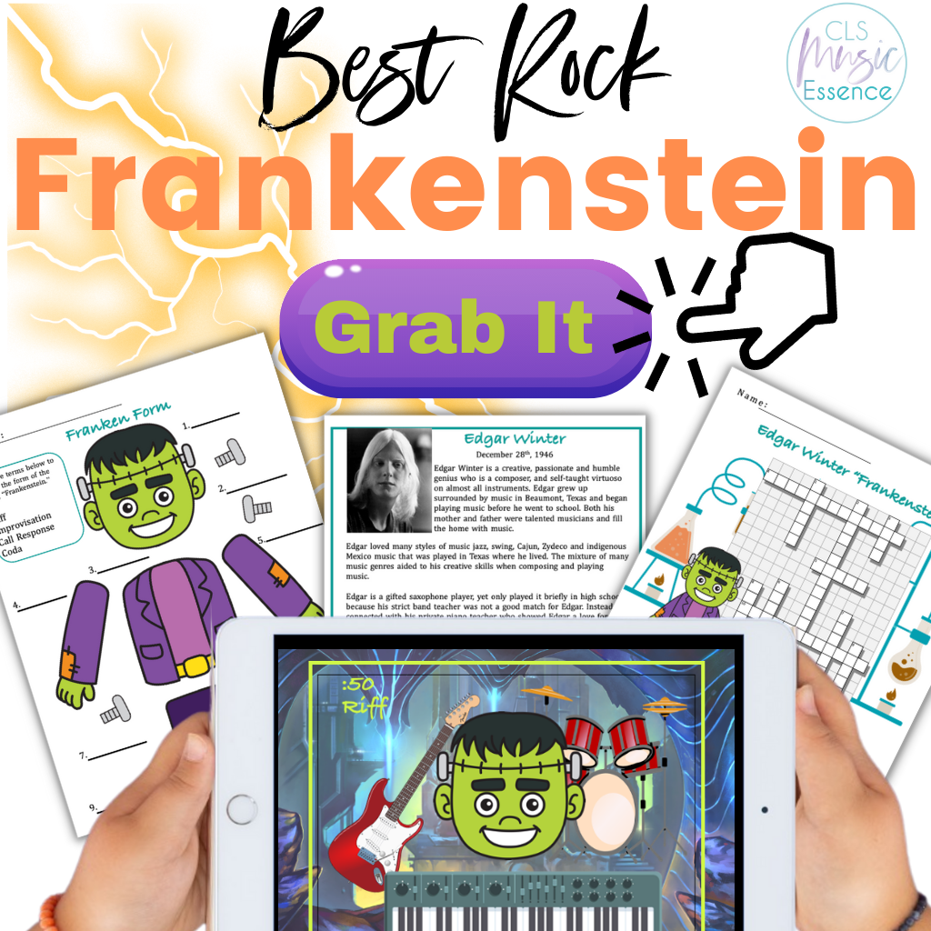 Pictures from a music lesson plan on Frankenstein a rock instrumental song by Edgar Winter. 